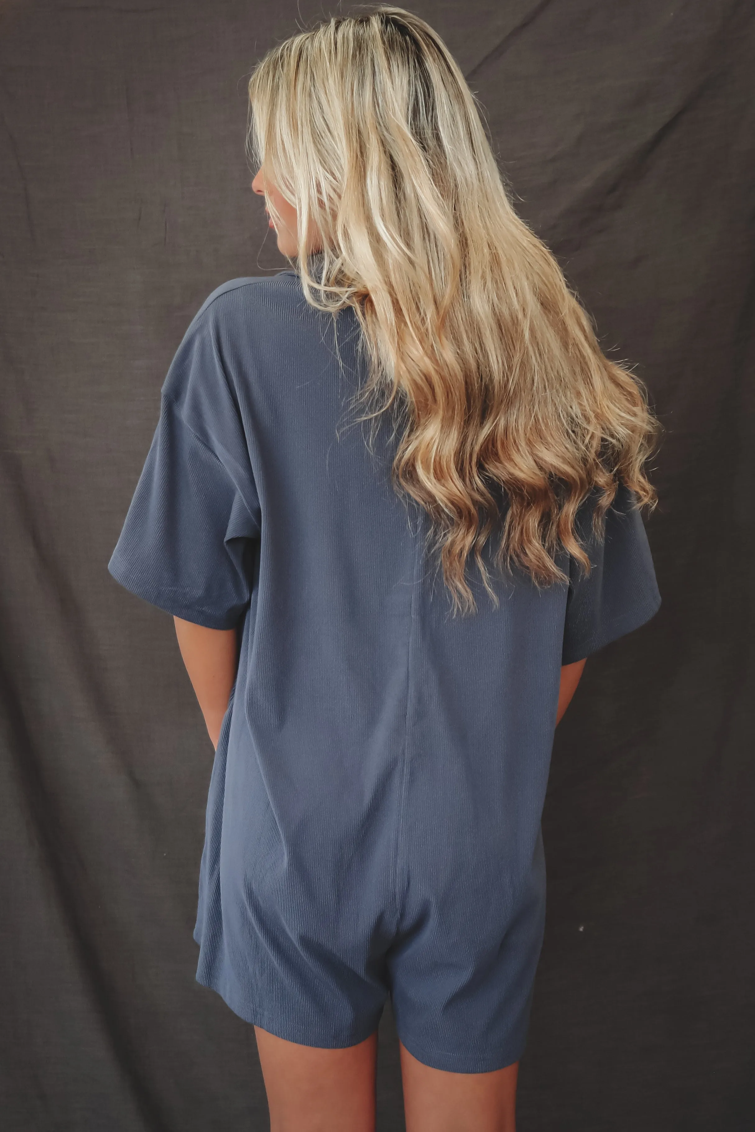 Cozy Together Button Up Navy Ribbed Romper