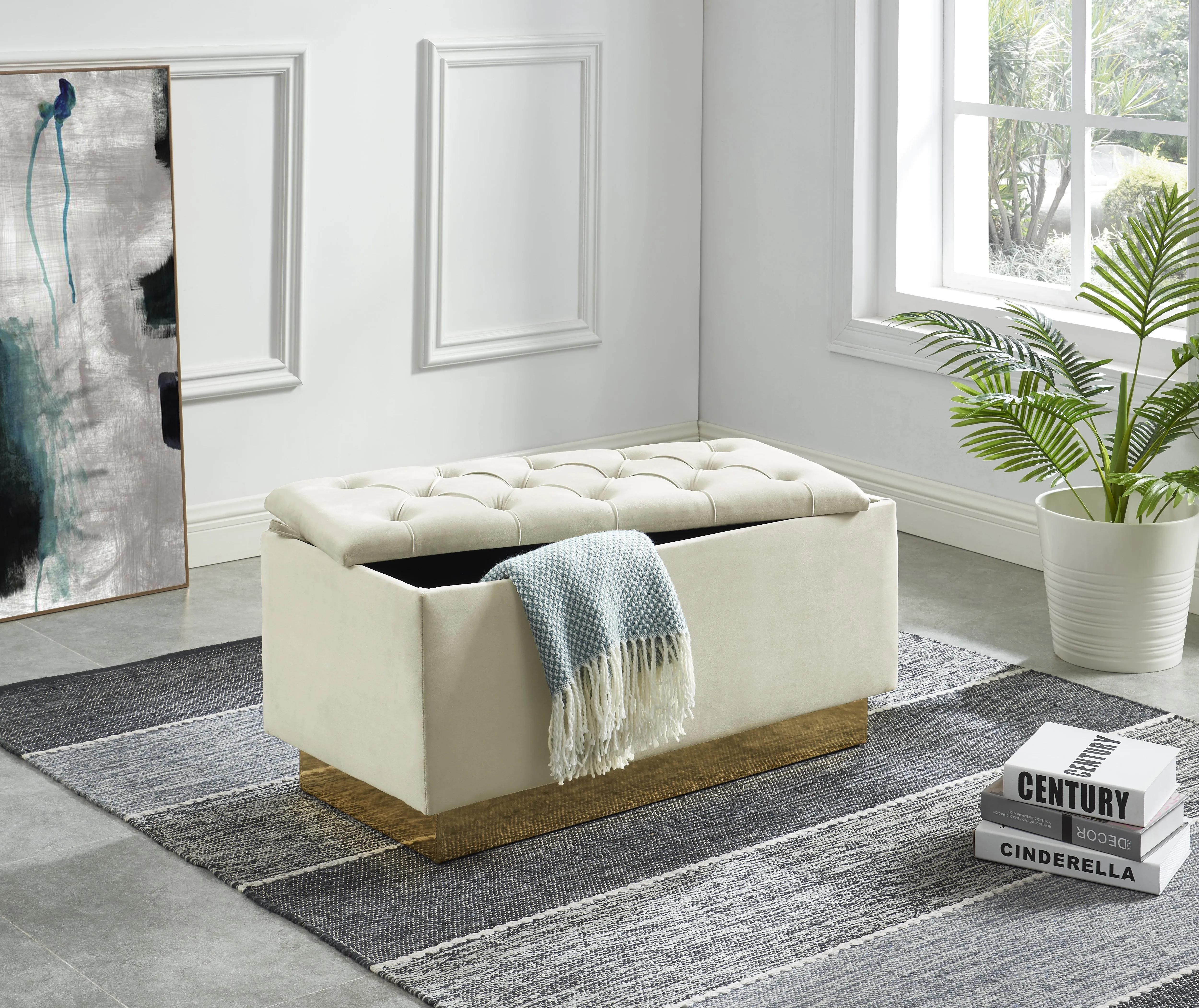 Cream Velvet Tufted Storage Ottoman With Golden Base