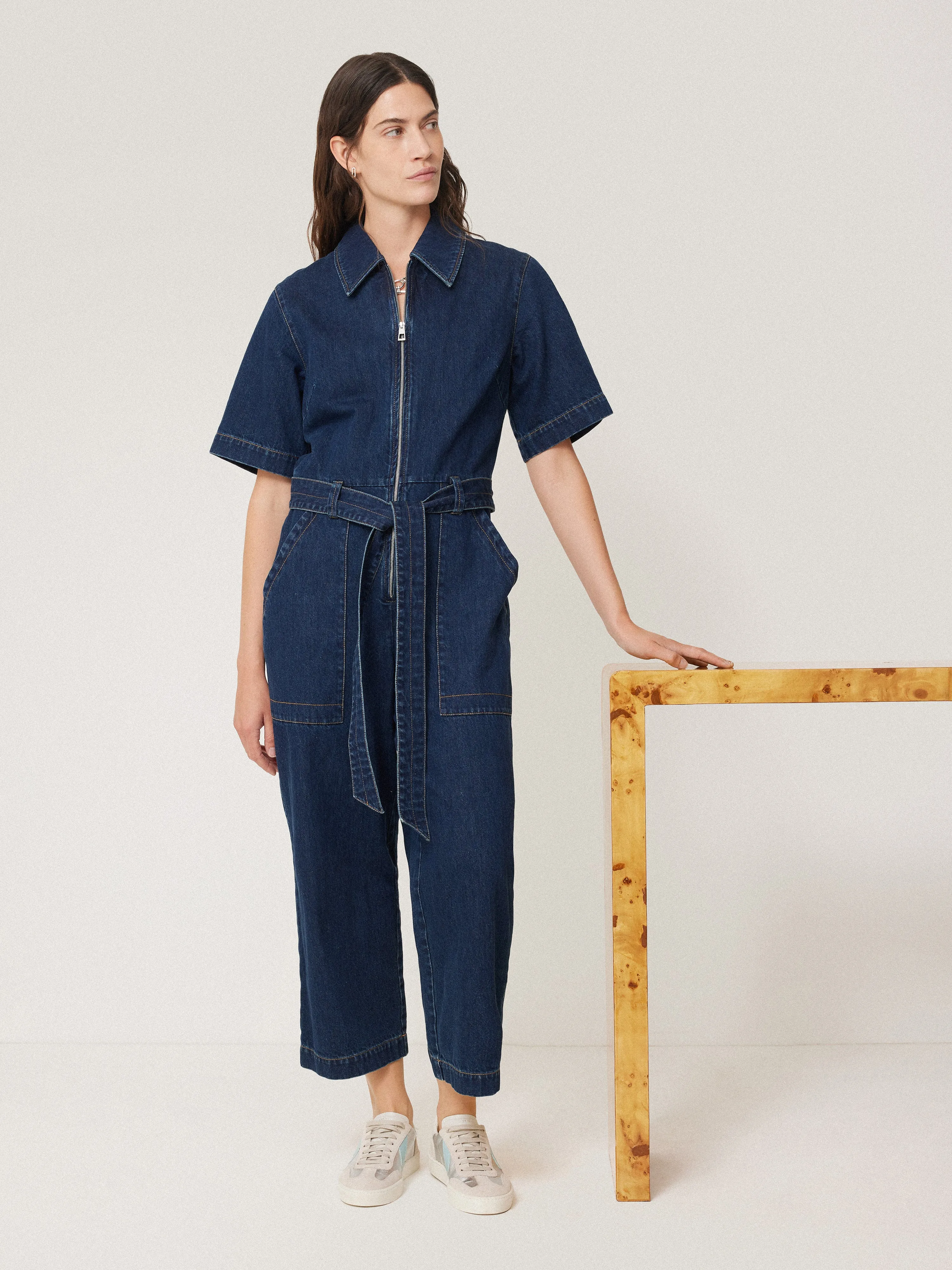 Denim Zip Front Jumpsuit | Indigo