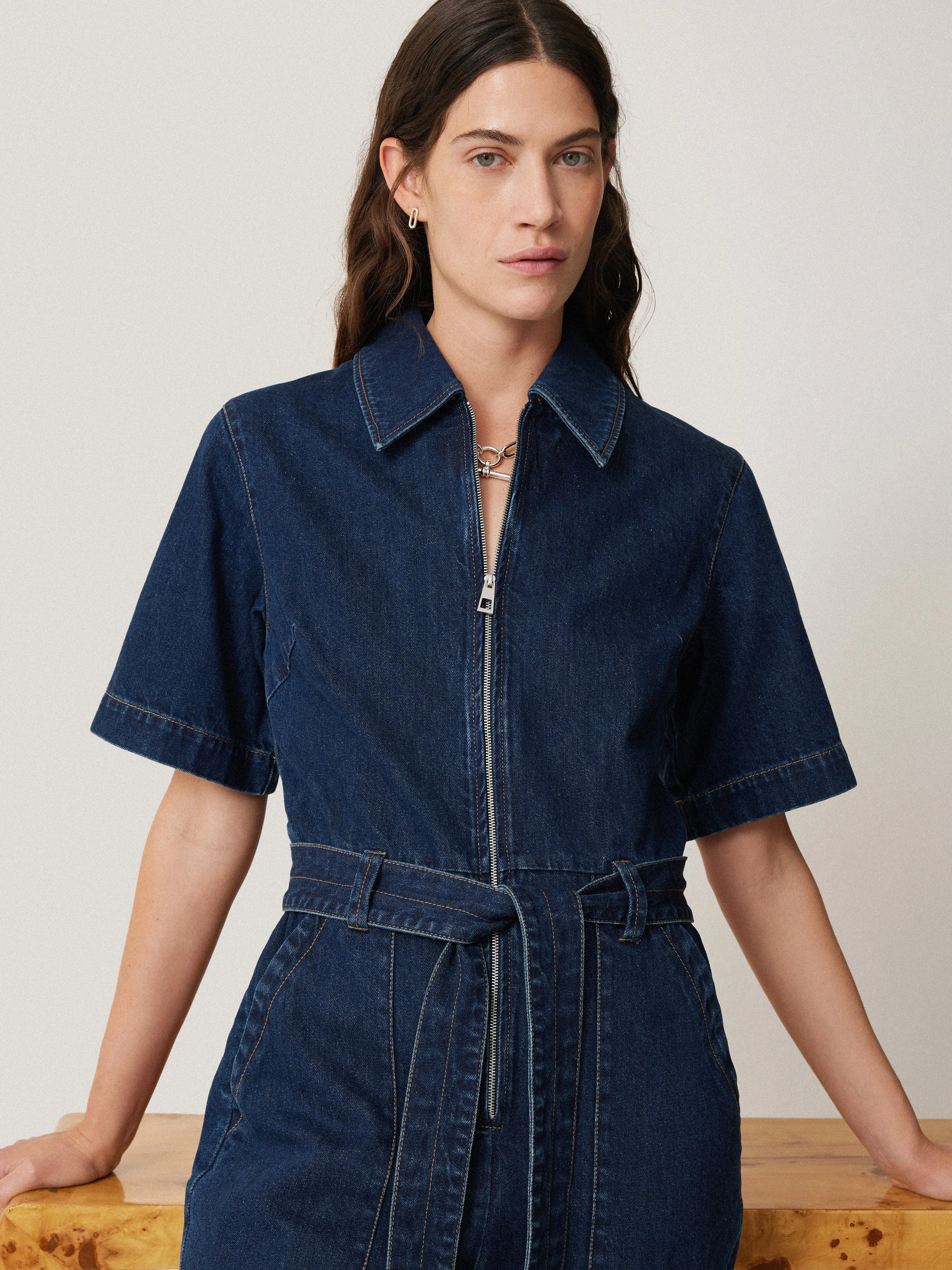 Denim Zip Front Jumpsuit | Indigo