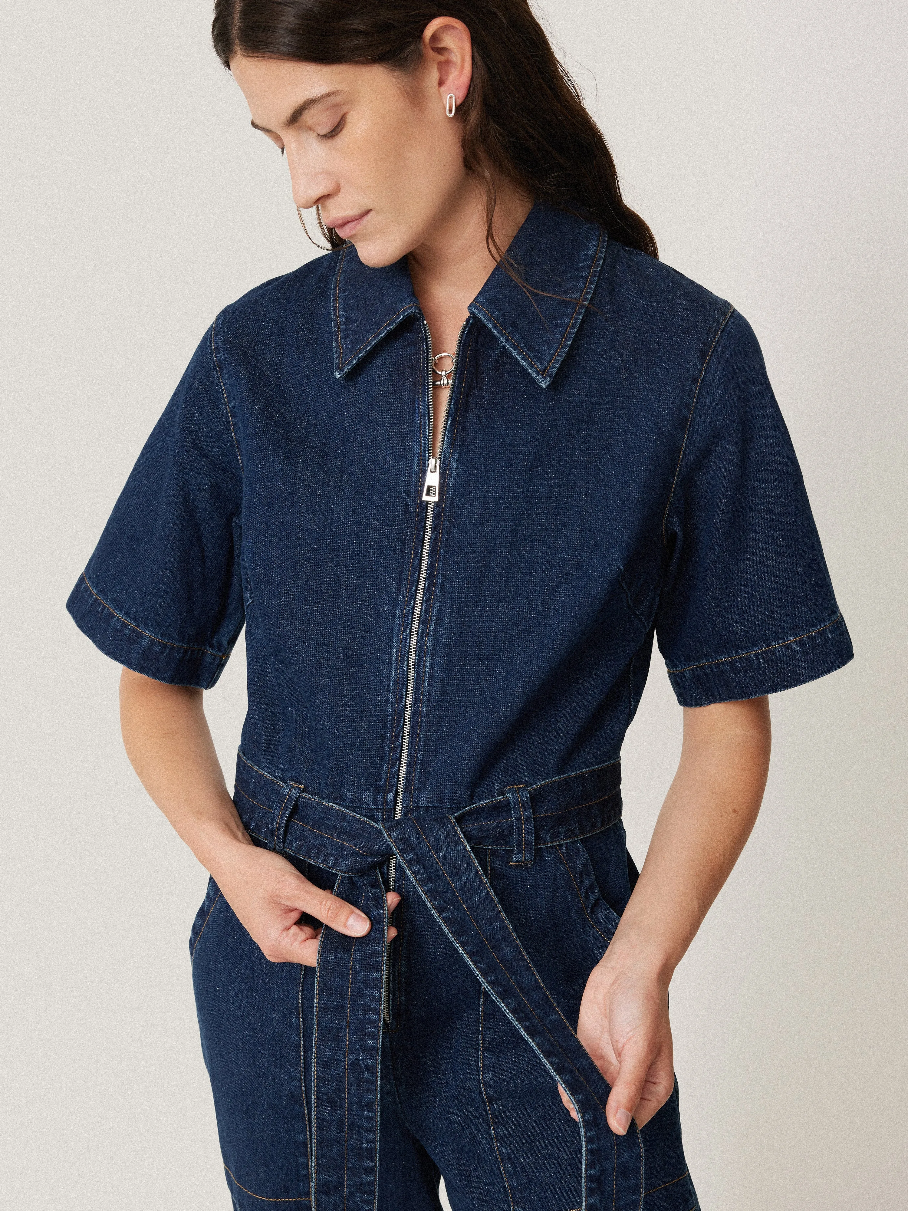 Denim Zip Front Jumpsuit | Indigo