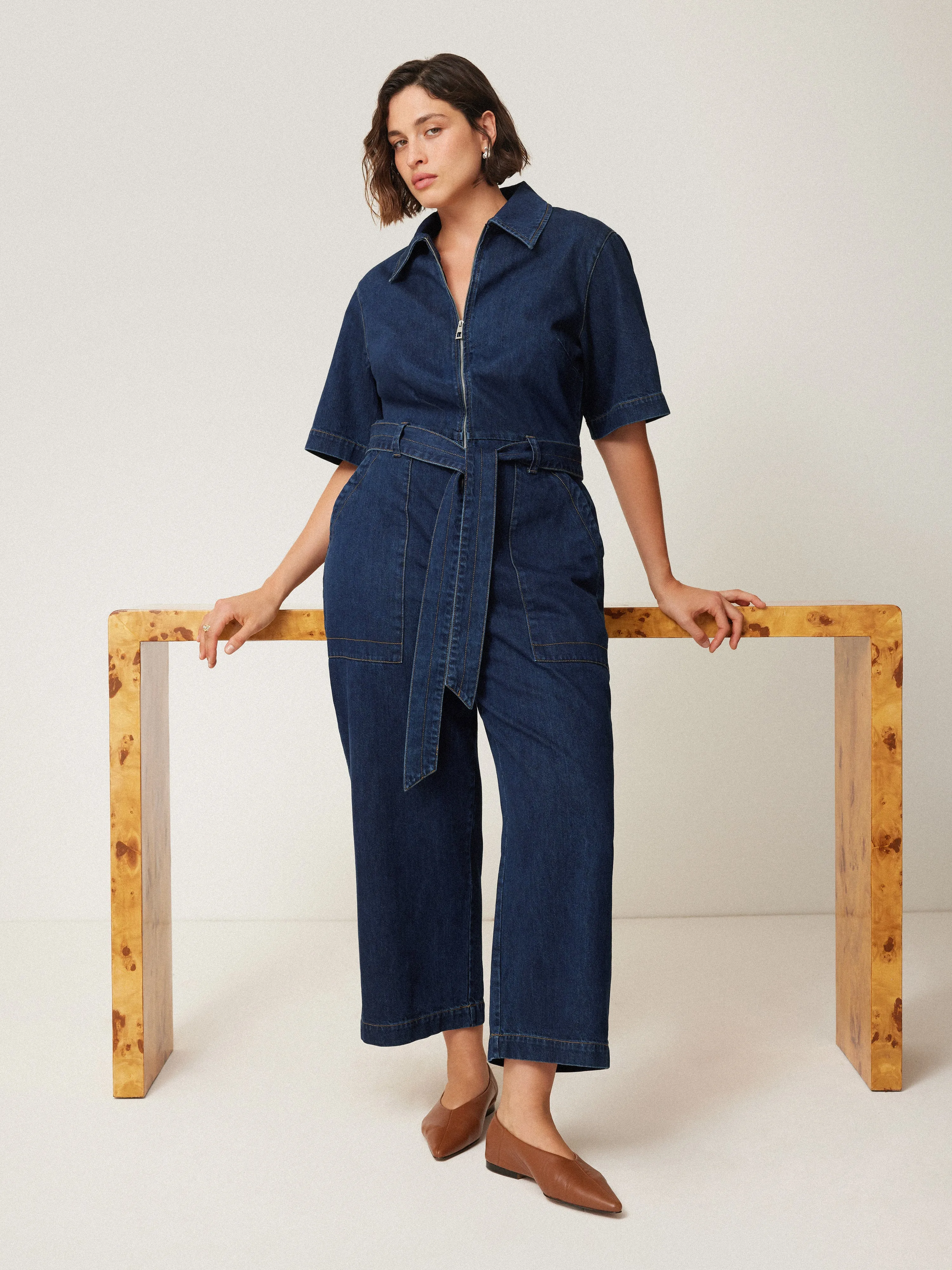 Denim Zip Front Jumpsuit | Indigo