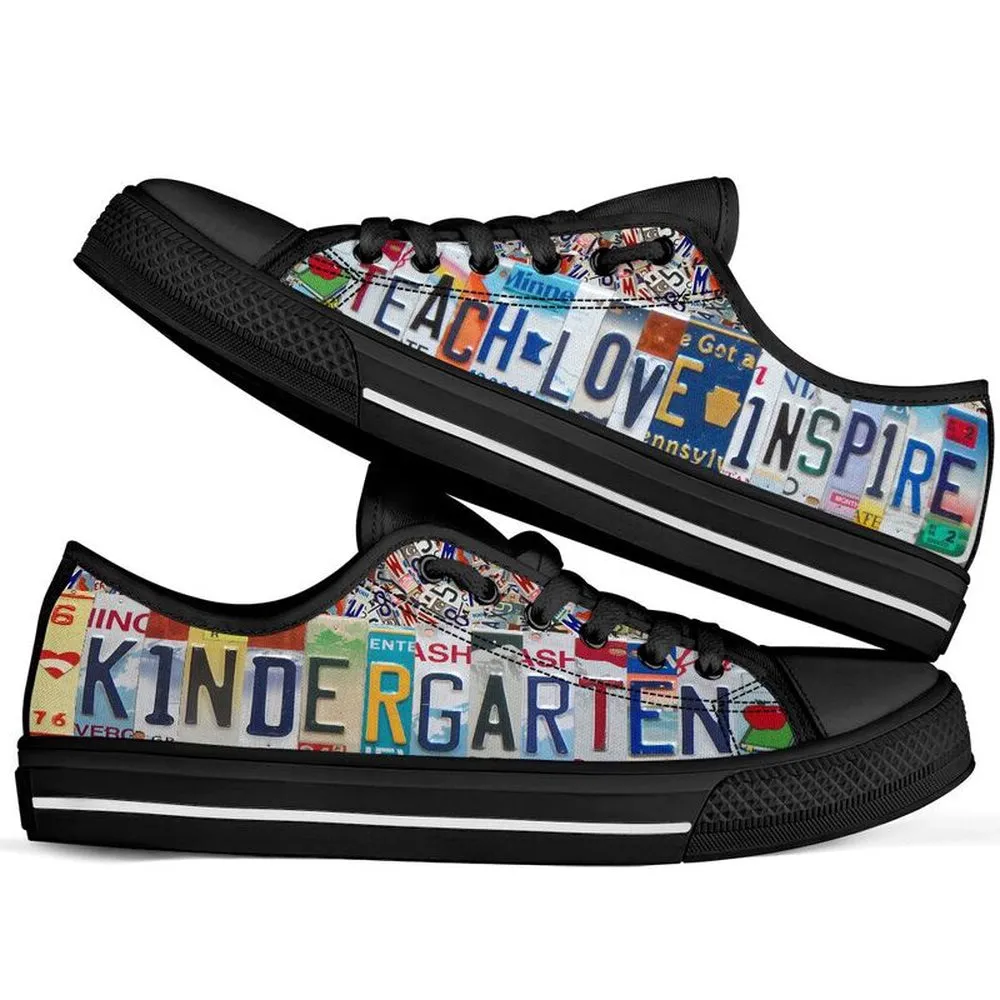 Kindergarten Teach Love License Plates Low Top Black Shoes, Teacher Shoes, Low Top Sneakers