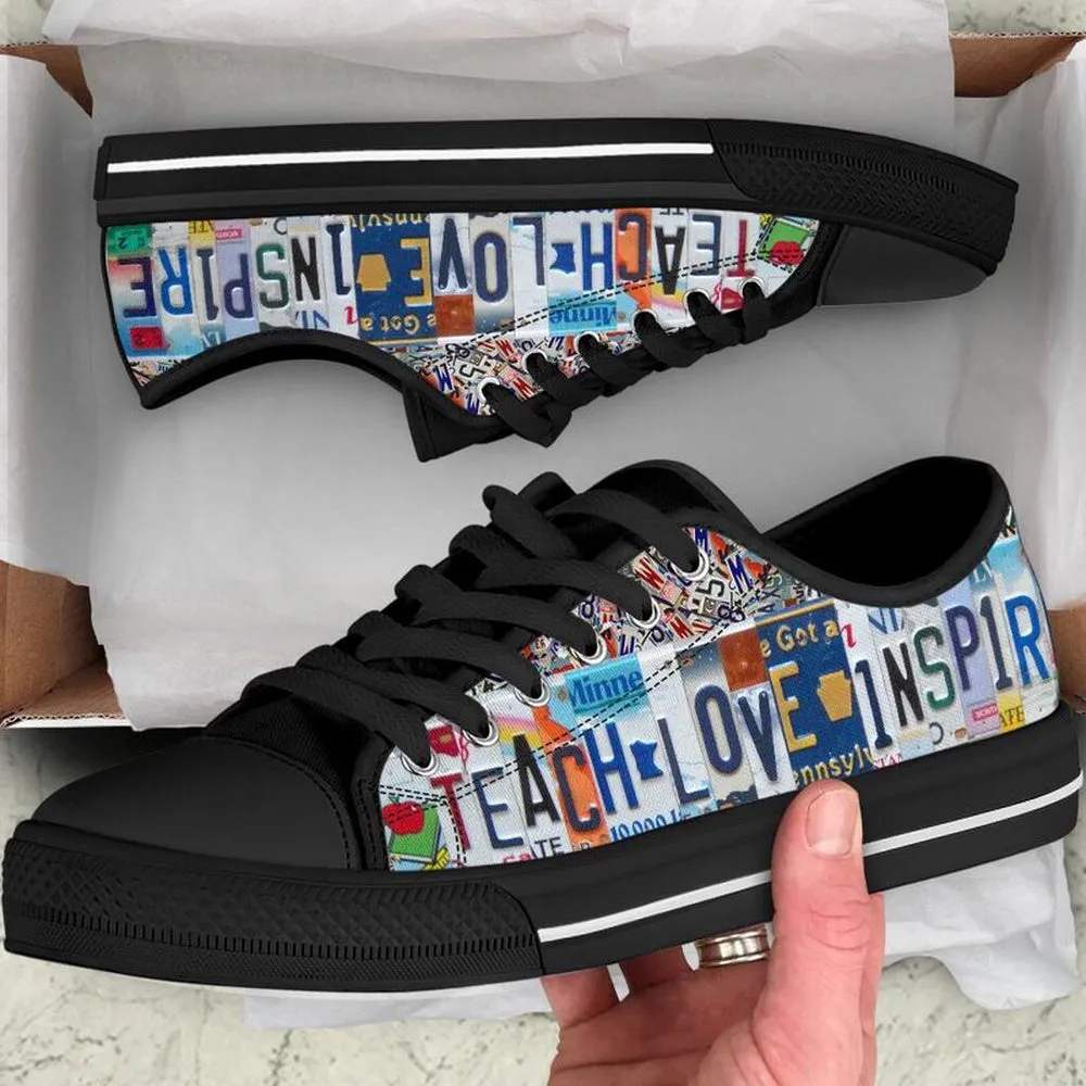 Kindergarten Teach Love License Plates Low Top Black Shoes, Teacher Shoes, Low Top Sneakers