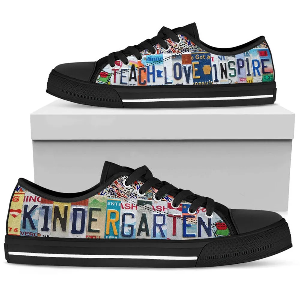 Kindergarten Teach Love License Plates Low Top Black Shoes, Teacher Shoes, Low Top Sneakers