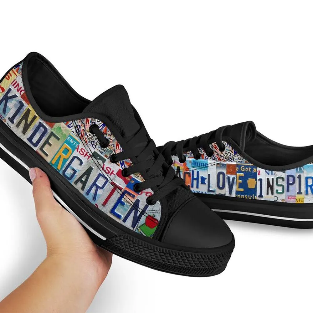 Kindergarten Teach Love License Plates Low Top Black Shoes, Teacher Shoes, Low Top Sneakers