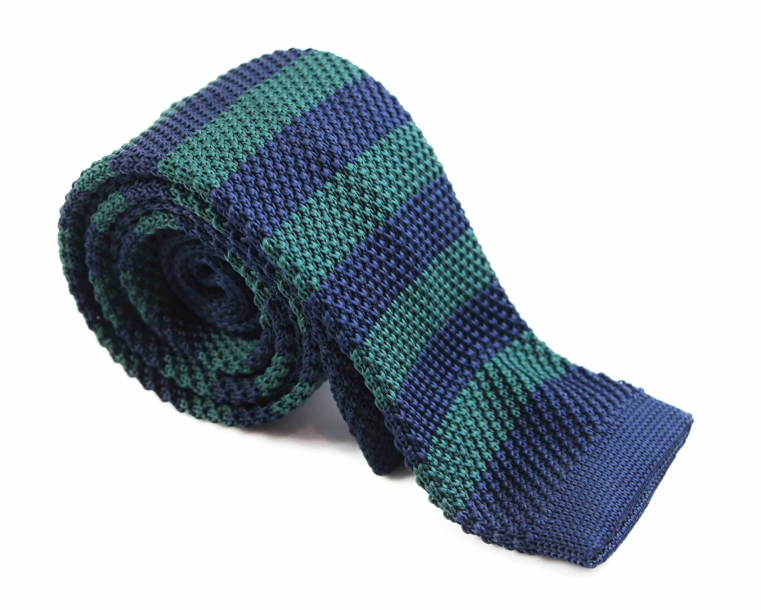 Knitted Thick Bottle Green & Navy Striped Patterned Neck Tie