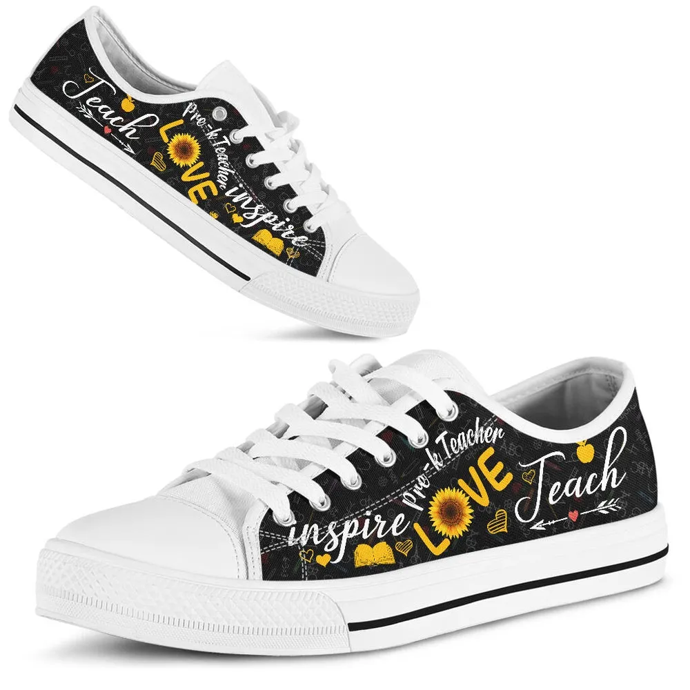 Pre K Teacher Teach Sunflower Low Top Shoes, Teacher Shoes, Low Top Sneakers