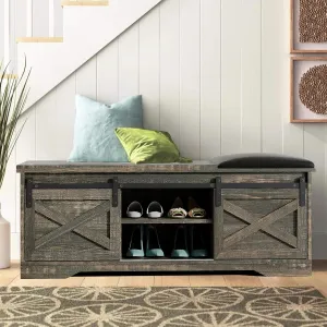 relaxed 47" Farmhouse Shoe Bench with Cushion, Entryway Hallway Wooden Furniture