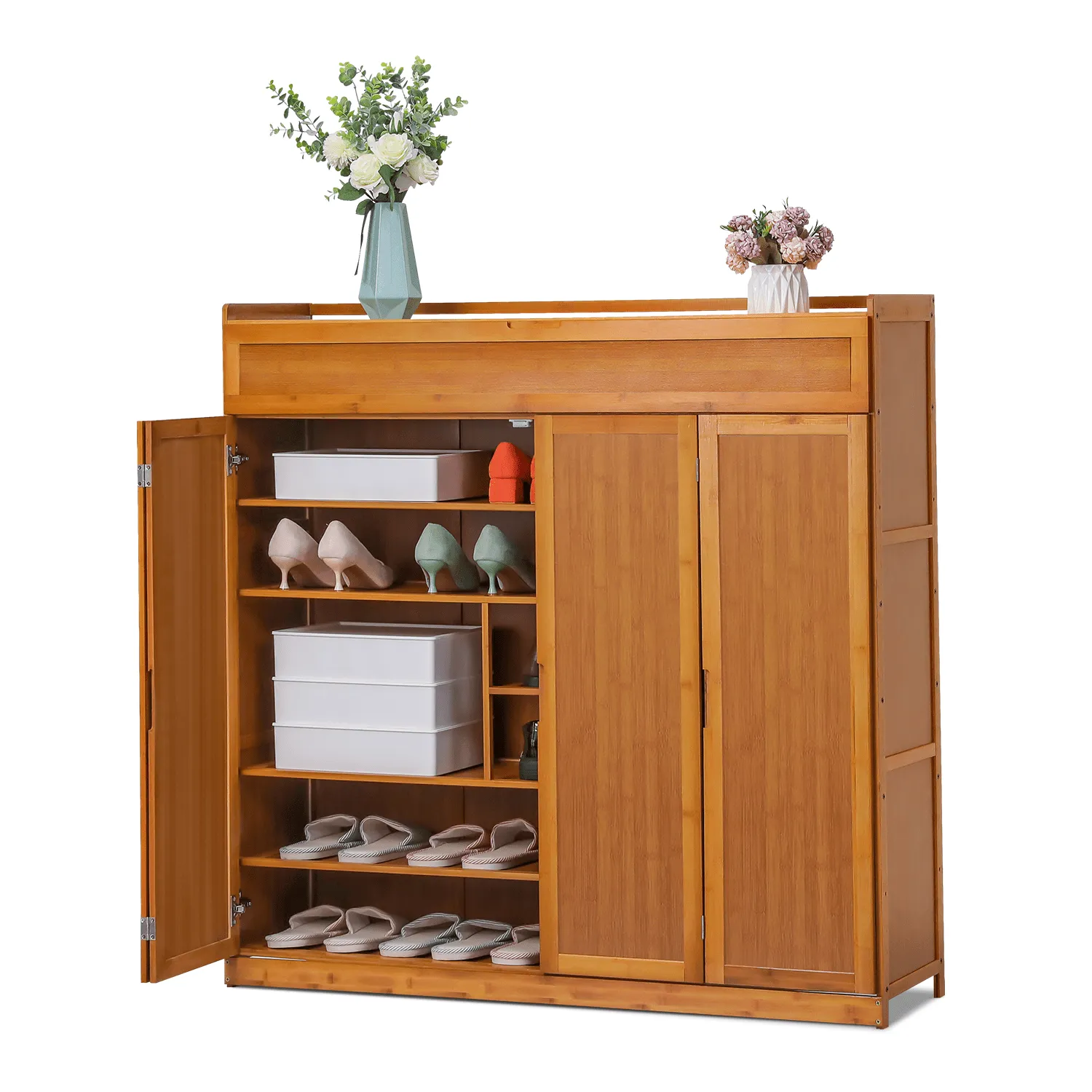 relaxed Bamboo 7 Tiers 43 Pairs Shoes Cabinet with Door, Storage Shelf, Brown, for Entryway