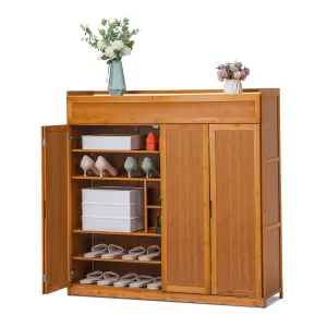 relaxed Bamboo 7 Tiers 43 Pairs Shoes Cabinet with Door, Storage Shelf, Brown, for Entryway