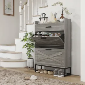 relaxed Narrow Shoe Cabinet with 2 Flip Doors and Top Drawer, Gray