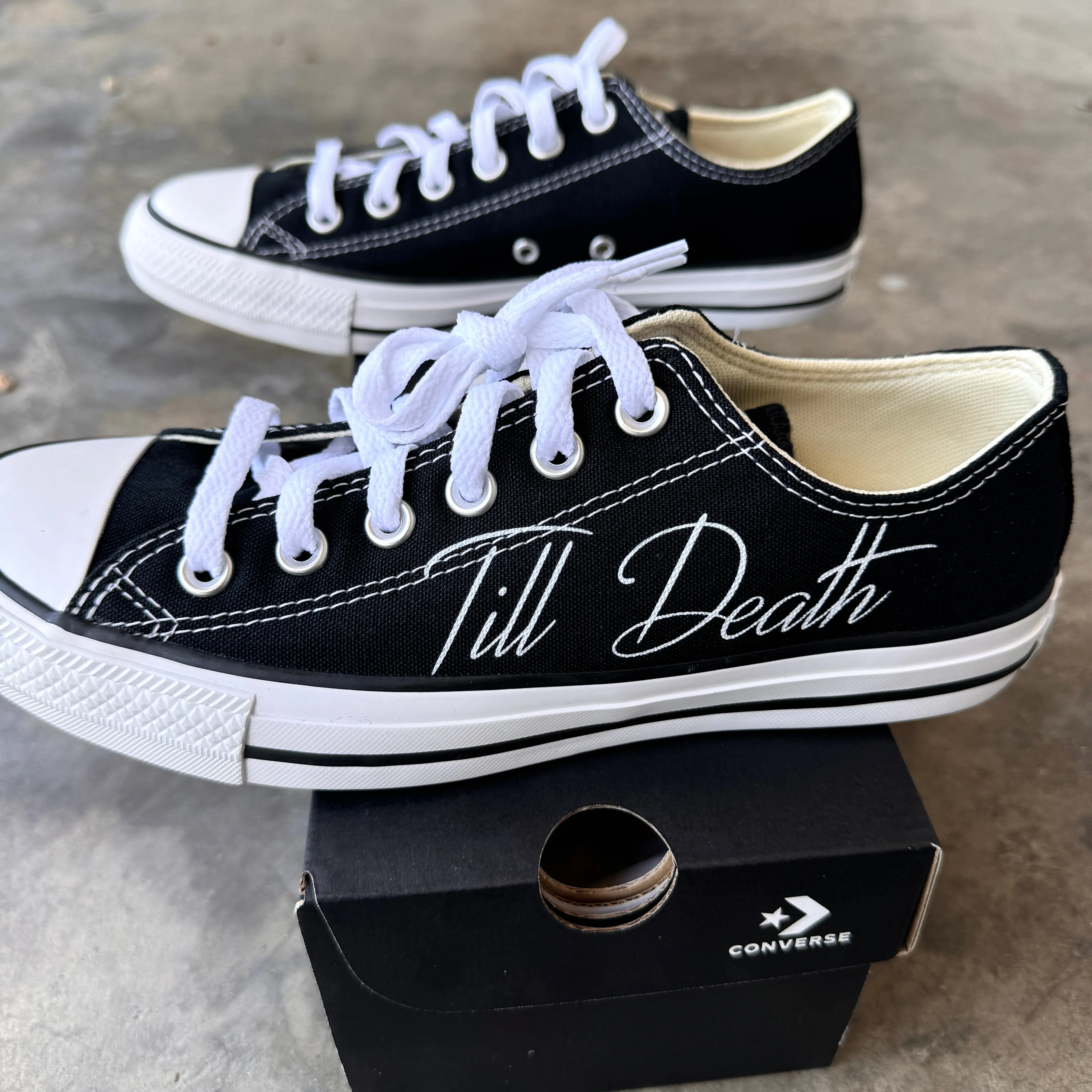 Till Death Pinky Promise Black Low Tops - Casual Comfortable Wedding Shoes - Custom Converse Shoes