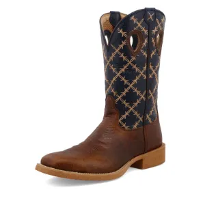 TWISTED X MEN'S (MXTR004) 12" SQUARE TOE PULL-ON WESTERN BOOT W/ Tech X™ SOLE - RUSTIC BROWN W/ NAVY BARBED WIRE UPPER